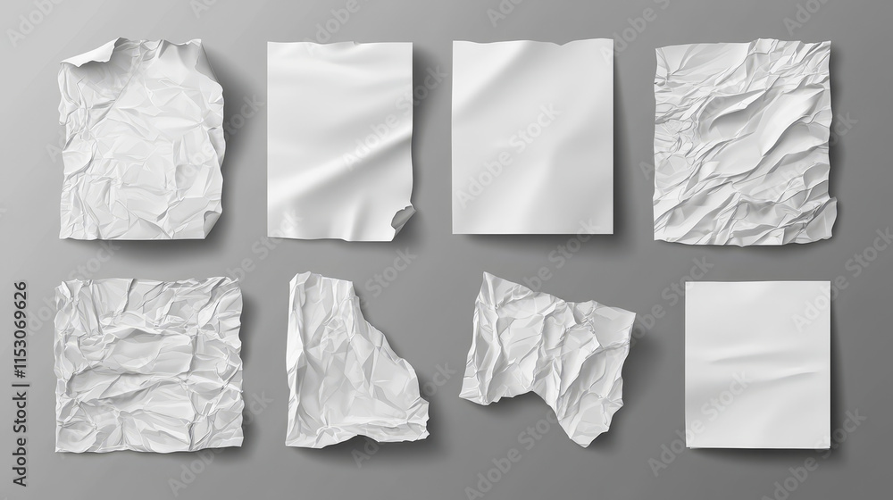 Aufkleber crumpled paper sheets set isolated on background. vector realistic illustration blank notebook pages