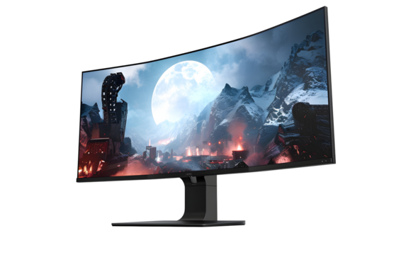 a curved computer monitor with a landscape on the screen