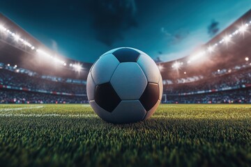 Soccer ball on field in stadium at night.
