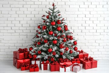 Festive Christmas Tree with Red Ornaments and Gift Boxes Against a White Brick Wall