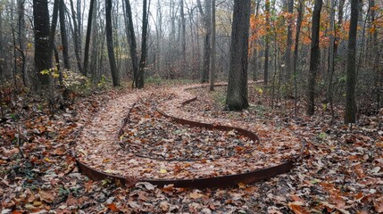 Autumnal Forest Path With Metal Edging Winding Through Trees