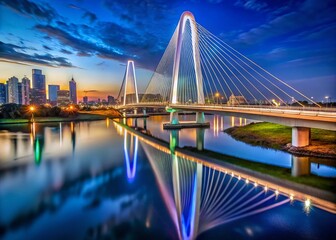 Fototapeta premium Dallas Skyline Modern Cable-Stayed Bridge Night Photography