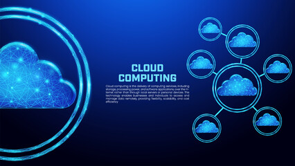 Cloud services concept in low poly style and dark blue background, suitable for online storage, cloud computing, business network, user connection, server, and futuristic technology.