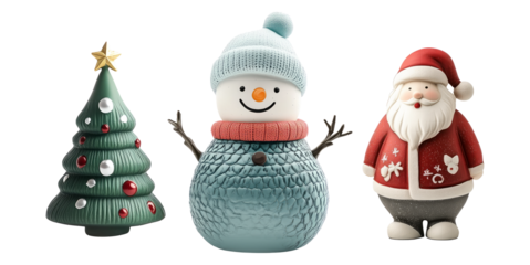 A smiling snowman figurine adorned with a red hat and scarf, isolated on white background, embodies festive cheer.