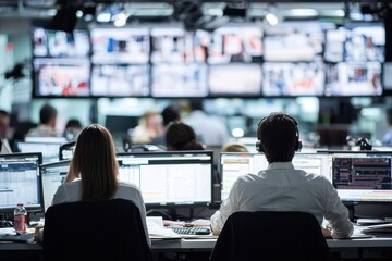 A busy newsroom with professionals working on multiple screens, highlighting the fast-paced media environment.