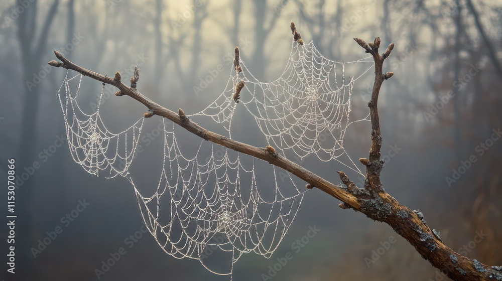 Wall mural a dry tree branch covered in intricate spider webs glistening softly in diffused light. the webs str