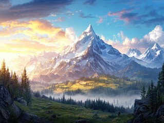 Obraz premium Dusk serenity snowcapped mountain peaks rugged field lush forest landscape majestic viewpoint nature's breathtaking beauty