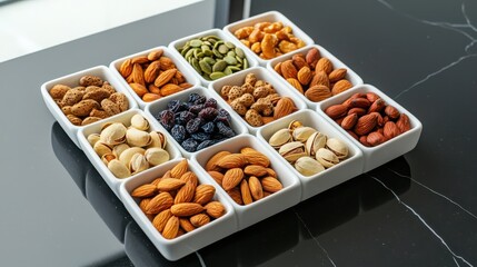 Healthy snack platter featuring nuts seeds and dried fruits in a modern kitchen setting for nutritious eating