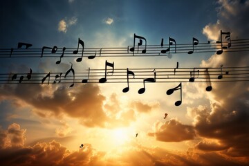 musical notes and symbols drop from an unseen musical sheet or s