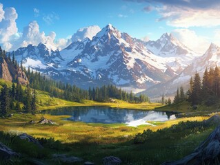 Breathtaking dusk landscape mountainous region digital art snowcapped peaks serene view nature's golden light