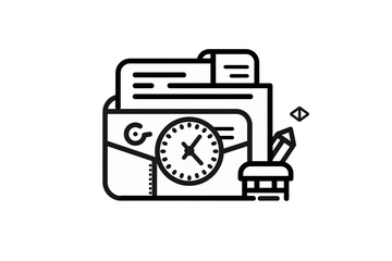 Fototapeta premium a black and white illustration of a folder with a clock and a pencil