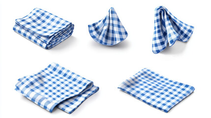Set of blue checkered towels folded, hanging and top view isolated on white background. Realistic vector illustration of napkin, cozy kitchen interior design element, home textile for domestic use