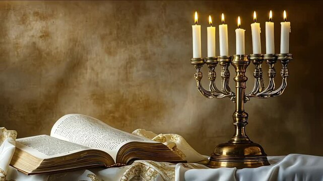 Golden menorah with burning candles next to an open holy book and a tallit on a beige table with drapery in warm lighting