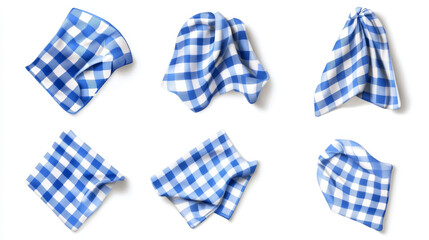 Fototapeta premium Set of blue checkered towels folded, hanging and top view isolated on white background. Realistic vector illustration of napkin, cozy kitchen interior design element, home textile for domestic use