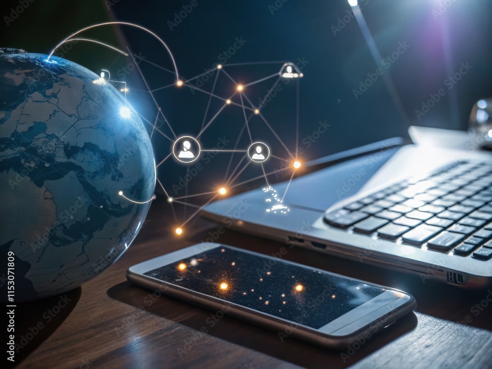 Poster dark cloud computing network: global digital connections, futuristic mobile technology background
