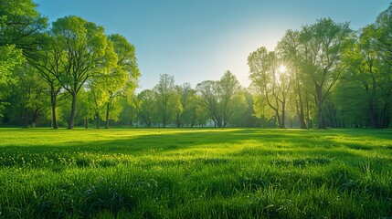 Sunlit Spring Meadow with Lush Green Trees in a Park