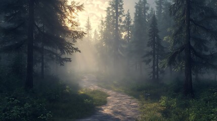 Fototapeta premium Misty forest path at sunrise.
