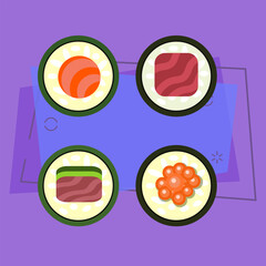 Set of four sushi rolls flat illustration. Maki, Japanese restaurant, fish dish. Asian food concept. Vector illustration can be used for topics like food, menu, traditional cuisine