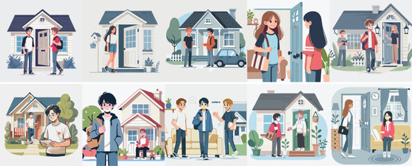 Vector set of a teenager visiting a friend or family's house with a simple flat design style