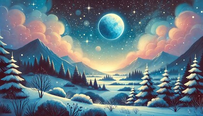 A serene winter night landscape showcasing a vast, starry sky with contrasting warm and cool tones, blending fantasy and calmness into a magical scene