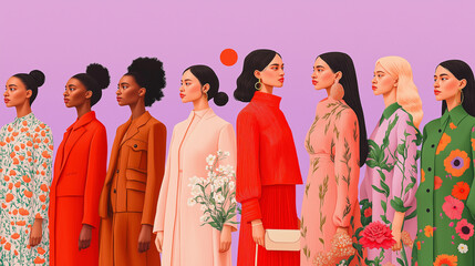A modern and minimalistic digital illustration of diverse women standing together in unity to celebrate International Women&rsquo;s Day, with an elegant background and empowering tones.