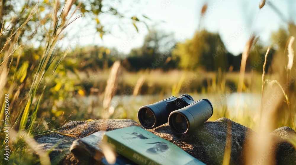 Poster A relaxing birdwatching session in a tranquil nature reserve, Binoculars and field guides ready for observation, Wildlife discovery style