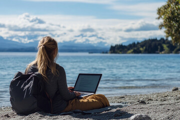 Professional woman working remotely by the serene lakeside.