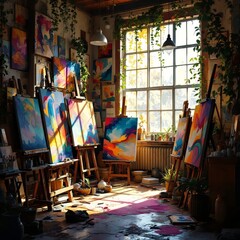 Sunlight streams through a minimalist art studio, highlighting messy creativity.