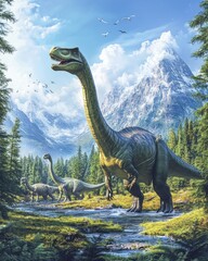 A serene prehistoric landscape featuring large dinosaurs among lush greenery and mountains. © DZIKRA 