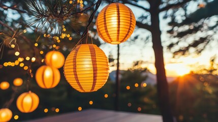 Obraz premium Outdoor lantern wedding celebration enchanted forest anime style coral and yellow palette glowing atmosphere