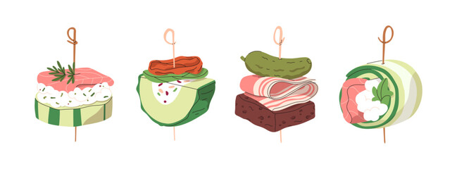 Finger food set. Canapes, tapas, cold snacks on toothpicks. Banquet starters with salmon, cucumber, cheese, bread, bacon and pickle on sticks. Flat vector illustration isolated on white background