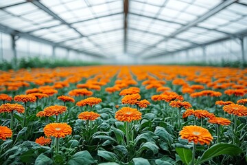 Large glass greenhouse with orange gerbera flowers in rows, bright white interior, high ceilings, and vibrant sunlight, perfect for commercial photography and advertising.