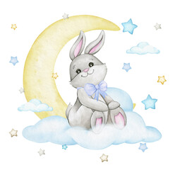 A cute bunny, a blue bow, sits on a cloud, against the background of the moon, surrounded by stars of different colors. A hand-drawn watercolor clipart.