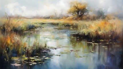 Serene Wetland Reflection Under Bright Midday Light - Generative AI