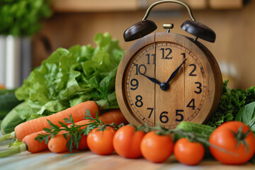 Wooden Clock and Fresh Vegetables Showcase Healthy Eating Habits