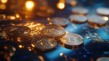 Glimmering Coins on Table in Dark Environment with Blue Lights