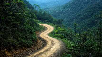 Winding Dirt Road Through Lush Green Mountains