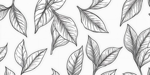 Seamless pattern of hand-drawn tea leaves on white background.