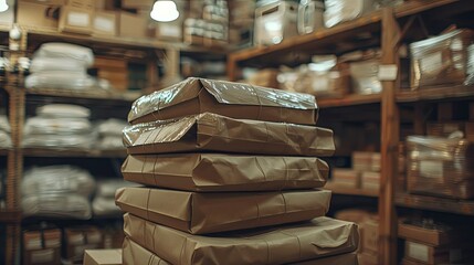 Stack of Brown Paper-Wrapped Packages in a Warehouse