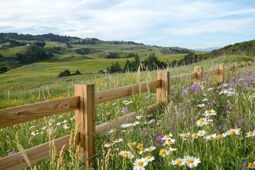Fototapeta premium Daisies blooming in a flower meadow under a sunny sky peaceful landscape nature photography panoramic view