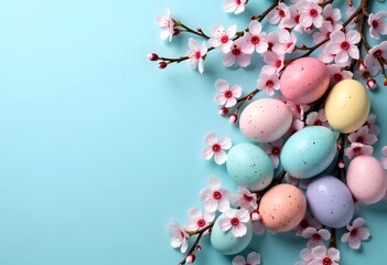 Obraz premium Easter eggs with cherry blooming. spring mood 