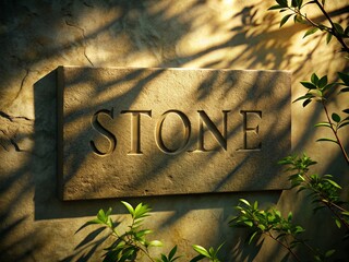 Debossed Stone Sign Mockup: Botanical Shadow Overlay, Low Light Photography