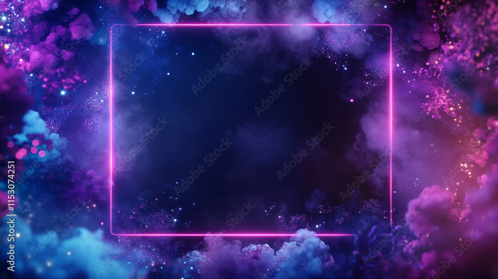 Poster neon rectangle door light game frame with smoke. magic square futuristic border with led sparkle for