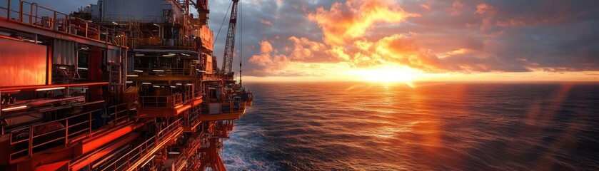 Obraz premium An offshore oil rig against a breathtaking sunset over the ocean, showcasing industrial progress and natural beauty.