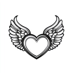 Fototapeta premium Winged heart, love symbol, black and white illustration.