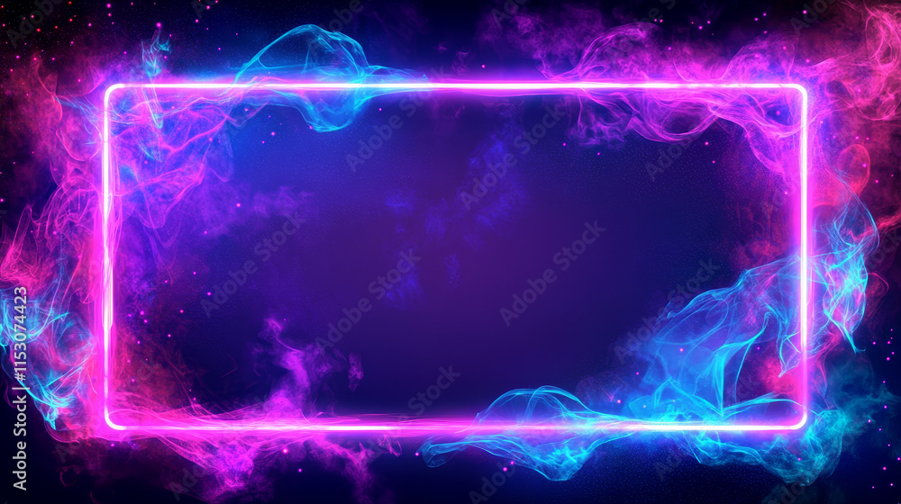 Poster neon rectangle door light game frame with smoke. magic square futuristic border with led sparkle for