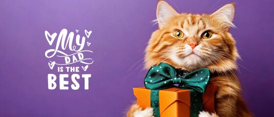 Adorable Ginger Cat in Bow Tie Holds Fathers Day Gift, Best Dad Ever