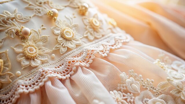 Delicate Christening Dress Details: Macro Photography of Lace and Embroidery