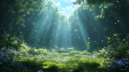 Obraz premium Serene Forest Landscape with Sunbeams and Flowers