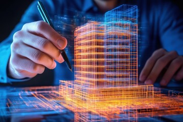 Innovative 3D model of a modern skyscraper being designed with advanced technology showcasing architecture and creativity.